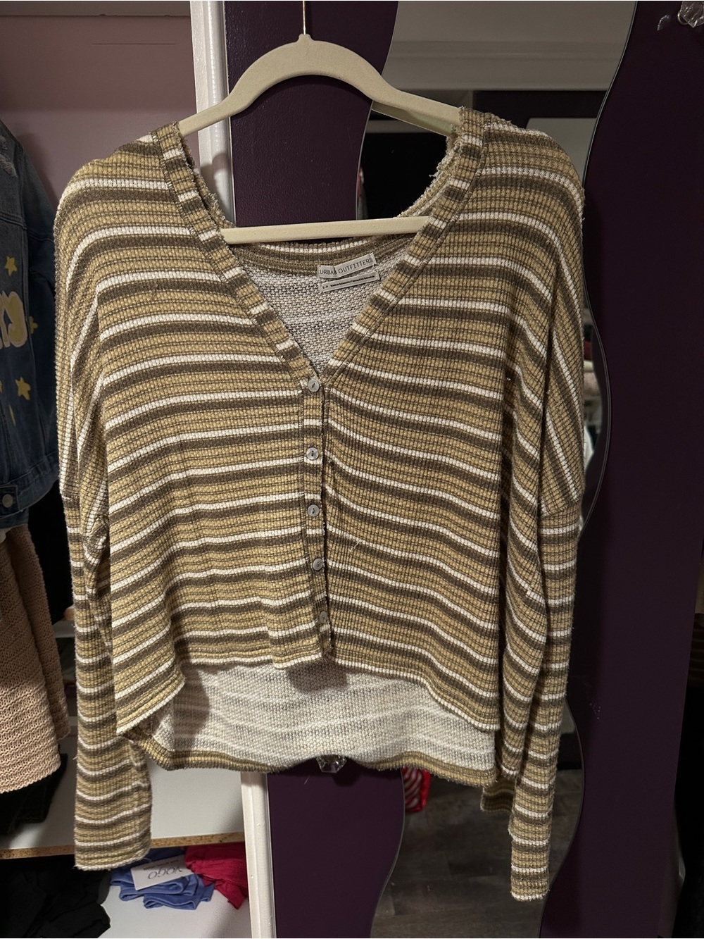Urban Outfitters Striped Cropped Button-Up Cardigan in Olive, Tan & White